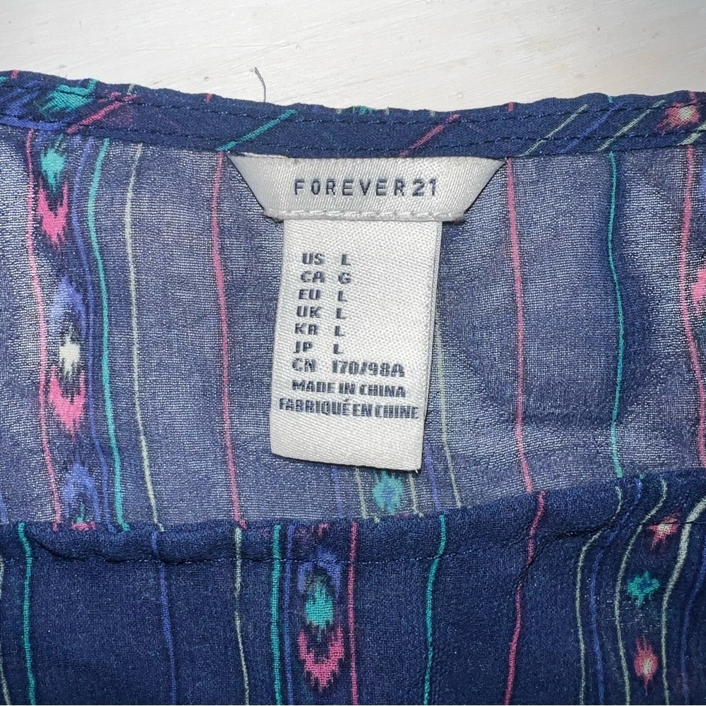 Boho Sheer Blue Patterned Sleeveless Top Forever 21 large - Picture 5 of 7